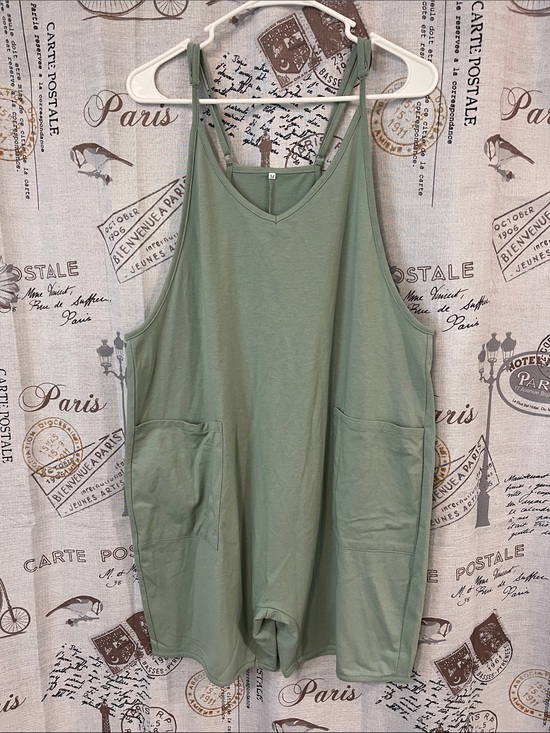 Amazon Pants - Amazon Sage Green Pocket Romper - Adjustable Straps